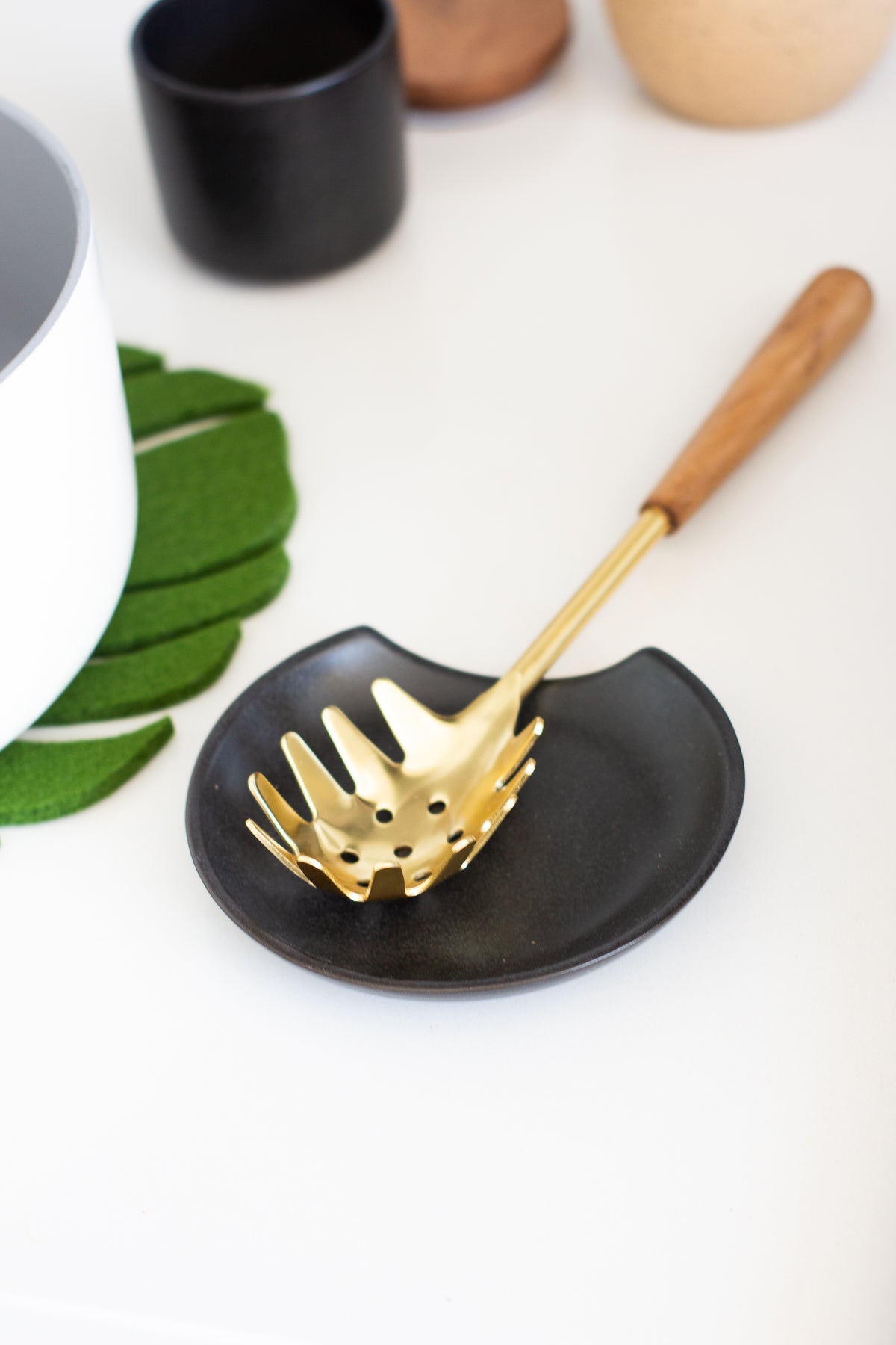 Black and Gold Utensil Holder with Built-in Spoon Rest