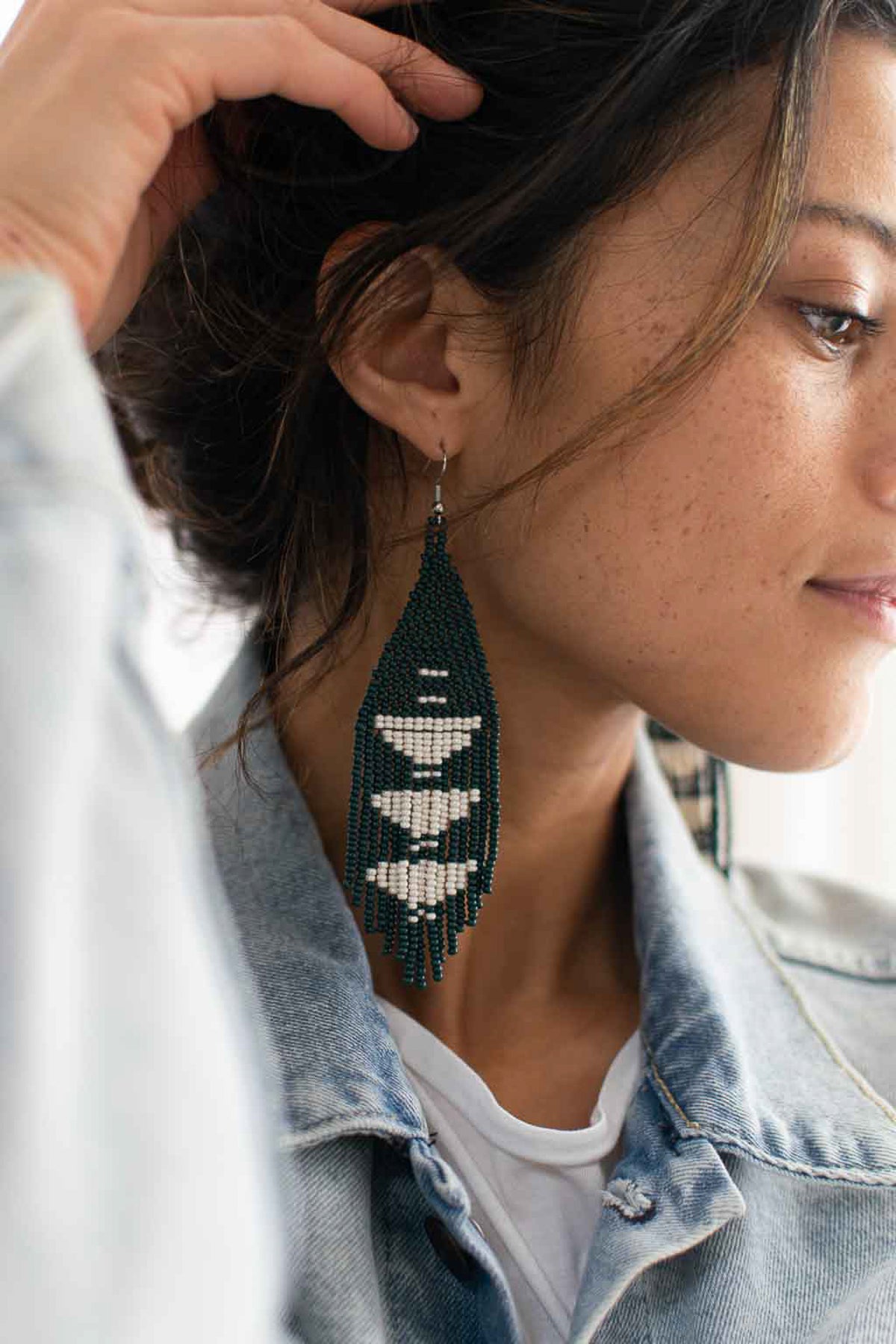 Fair + Simple Beaded Fringe Earrings in Jade