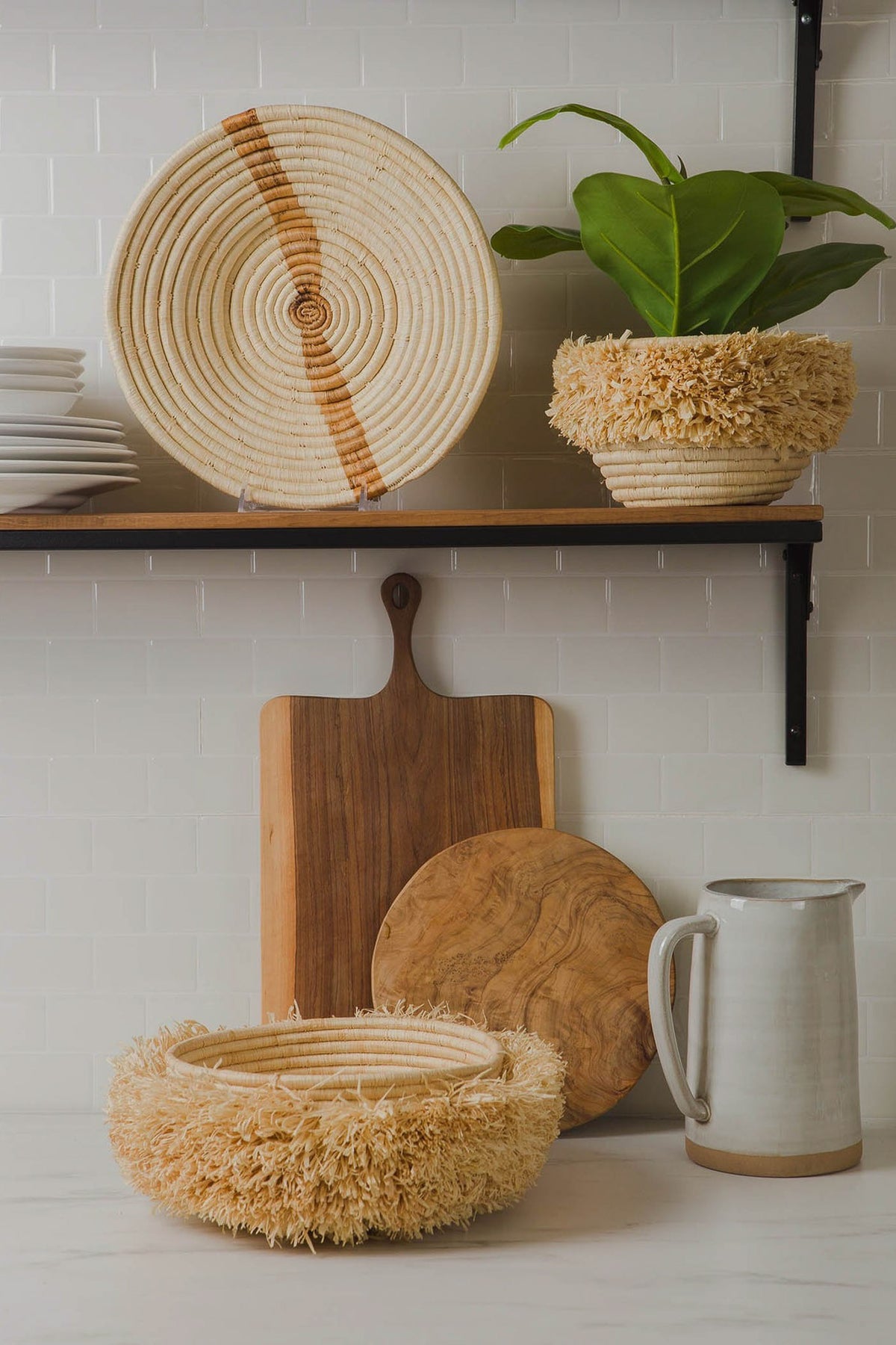 Kazi 12&quot; Large Banana Bark Striped Round Basket